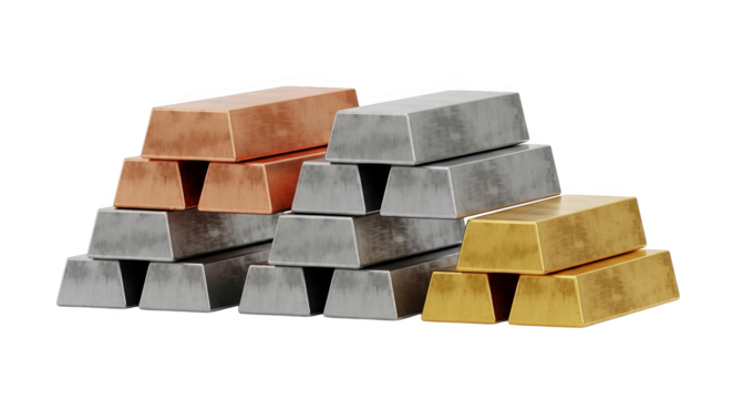 Stacked gold silver and copper ingots