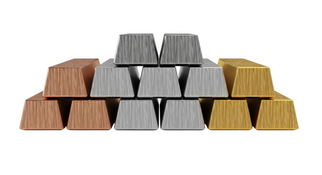 Stacked ingots of gold silver and copper on a black background