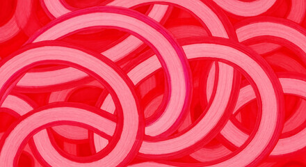 Vibrant abstract hand-painted background with overlapping red and light pink curved lines, creating a continuous pattern of textured arcs and organic shapes, artistic watercolor illustration for creat