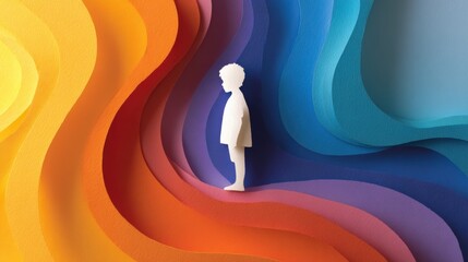 Paper Cutout of Child Standing in Colorful Layers, Illustrating Inner World Exploration and Mental Health Awareness Campaign : Generative AI
