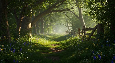 Golden Sun Rays on Misty Woodland Path with Wildflowers and Lush Greenery, Serene Enchanted Forest Landscape