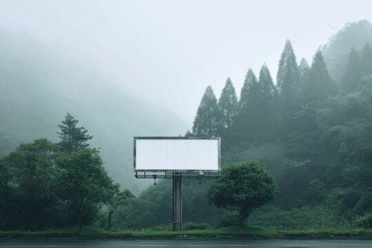 Blank Billboard Surrounded by Foggy Forest, Ideal for Outdoor Advertising and Environmental Awareness Campaigns, Showcasing Nature's Serenity : Generative AI