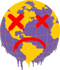 Distressed Melting Earth Globe Icon with Sad Face and Red X Eyes, Environmental Crisis and Global Warming Concept
