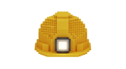 Yellow pixelated hard hat with a light on black background