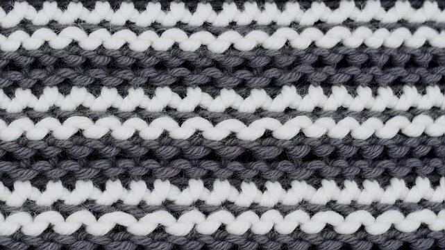 Close-up view of a knitted fabric with alternating gray and white stripes
