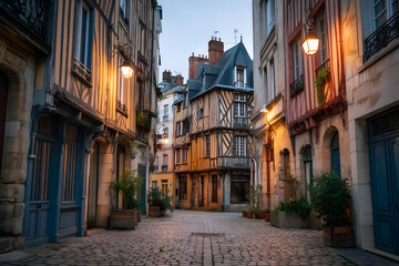 Fototapeta premium Ultra Detailed Editorial Photograph of a Charming Street in Bouffa Showcasing Historic Architectural Beauty at Dusk
