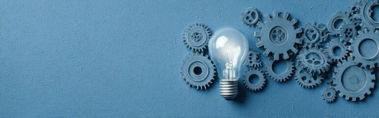 Illuminated Lightbulb Surrounded by Gears on Blue Background, Symbolizing Innovation and Mechanical Engineering Solutions for Business Strategy : Generative AI