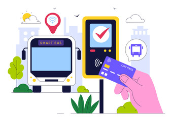 Smart Public Transport System Illustration Featuring Mobile Tracking Interface, Bus, and Urban Area GPS Map Navigation with Cloud Computing Technology
