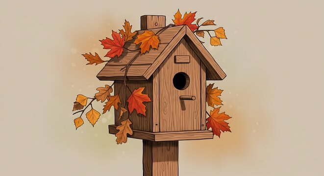 Cozy wooden birdhouse decorated with vibrant autumn leaves, a symbol of fall season and nature. Digital illustration.