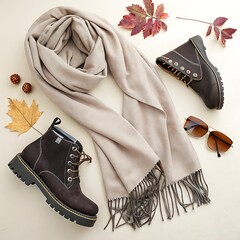 Cozy autumn fashion essentials featuring a soft beige scarf stylish black combat boots and chic sunglasses for a fall outfit