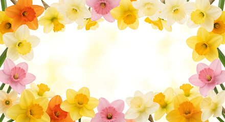 Vibrant spring floral frame with colorful yellow, pink, and white daffodils on a soft sunny bokeh background. Beautiful border design for Easter or Mother's Day greeting card with copy space.