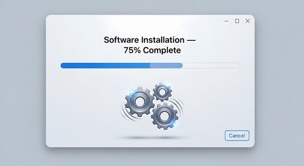 Naklejka premium Software installation progress bar at 75 percent complete with spinning gears, symbolizing process and completion