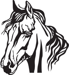 Stylized Black and White Horse Head Vector Illustration with Flowing Mane