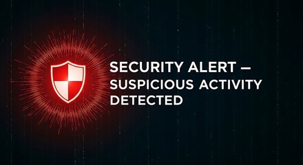 Urgent security alert flashes with a digital shield, signaling suspicious activity detected amidst a matrix of code, conveying immediate cyber threat awareness.