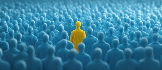 Obraz premium Yellow Figure Standing Out From Blue Crowd, Representing Leadership and Individuality in Business and Recruitment : Generative AI