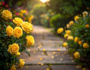 Yellow Roses Pathway Garden Beauty.