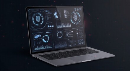 Futuristic laptop displays intricate data visualizations and analytical information, showcasing a modern technological interface with glowing digital readouts