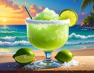 Refreshing Beachside Margarita Cocktail with Limes and a Tropical Sunset