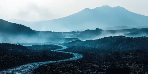 A winding path through a volcanic landscape, with a mountain in the background and a blue hue dominating the scene.