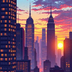 City Skyline at Sunset: Capturing a stunning cityscape bathed in the warm hues of a sunset, showcasing towering skyscrapers against a colorful sky and setting sun.