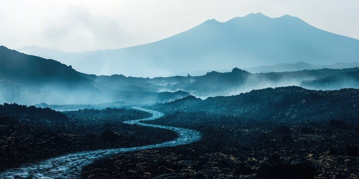 A winding path through a volcanic landscape, with a mountain in the background and a blue hue dominating the scene.