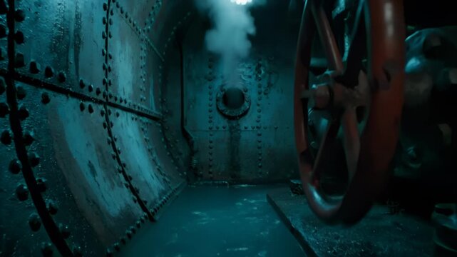 Eerie Steaming Industrial Submarine Compartment with Flooded Water and Valve