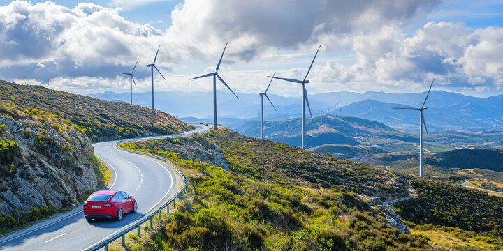 A red Tesla Model S driving on a winding mountain road with wind turbines in the background, under a cloudy sky.