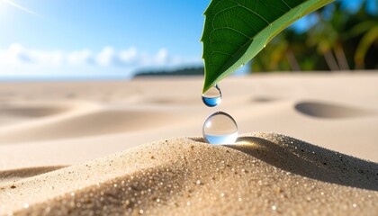 Crystal clear water droplet falling from a green leaf onto golden sand, with a serene tropical beach and blue sky