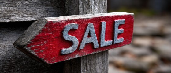 A weathered wooden sign with the word "SALE" in bold letters, pointing left, indicating a sale or promotional event.
