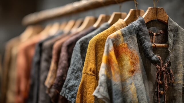 Rack of Colorful Linen Shirts on Wooden Hangers, Showcasing Sustainable Fashion and Artisan Craftsmanship for Eco-Conscious Consumers : Generative AI
