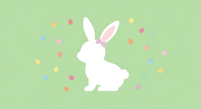Adorable Easter bunny silhouette with a purple bow surrounded by colorful decorated eggs on a pastel green background, perfect for spring holiday greeting cards and banners.