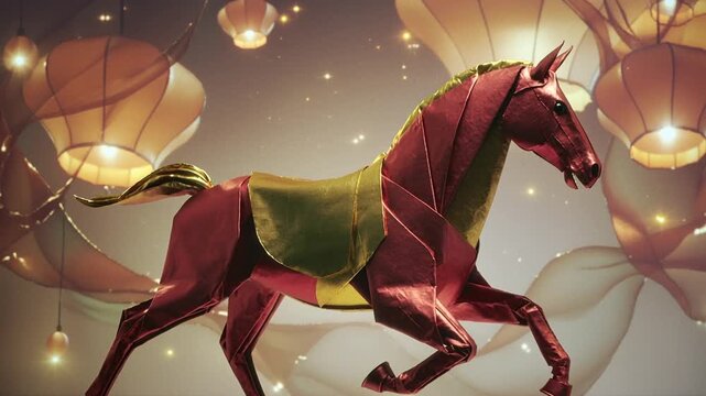 A decorative, stylized horse figure, possibly made of paper or fabric, is suspended amongst glowing lanterns and swirling, dreamlike elements.