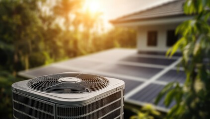Air Conditioner Unit in Front of House With Solar Panels, Showcasing Sustainable Living and Energy Efficiency for Home Improvement : Generative AI