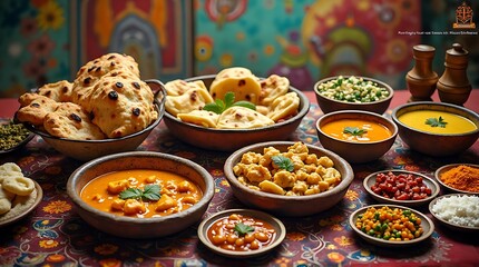 Fototapeta premium Vibrant Indian Feast with Assorted Curries, Flatbreads, and Spices
