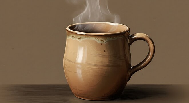 Steaming rustic ceramic mug with hot beverage, isolated on a warm brown background. Cozy morning drink concept.