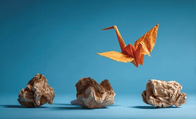 Orange Origami Crane Ascending Above Crumpled Paper Balls Against Blue Backdrop, Symbolizing Creativity and Innovation in Business : Generative AI