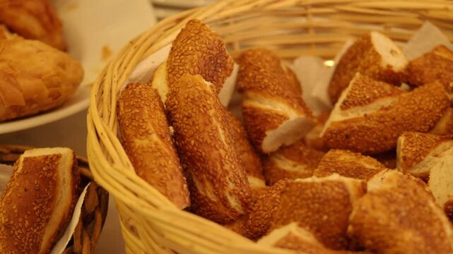 Freshly baked simit in a cozy bakery setting