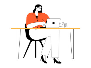 Elegant businesswoman worker in the office with laptop. Businesswoman illustration. Flat vector illustration.