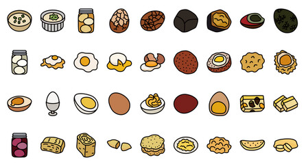 A collection of assorted egg dish icons in a flat colored style with bold black outlines.﻿

