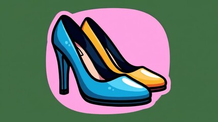 High-heeled shoes in vibrant colors are displayed against a pink background, creating a cheerful and fashionable illustration with bold outlines emphasizing the footwear's silhouette and design... - Powered by Adobe