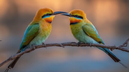 Fototapeta premium Two stunning birds sit closely on a branch, showcasing their bright feathers as the sun sets in the background, creating a warm and serene atmosphere.