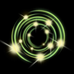 Dark abstract and dynamic central glowing spiral of light on solid black background. Sparkling starbursts with gold streaks giving impression spinning motion and energy