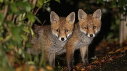 Fototapeta premium Two playful young foxes are observed curiously exploring a garden at night. Soft light highlights their fur as they dart among the greenery, showcasing their lively nature and curiosity.