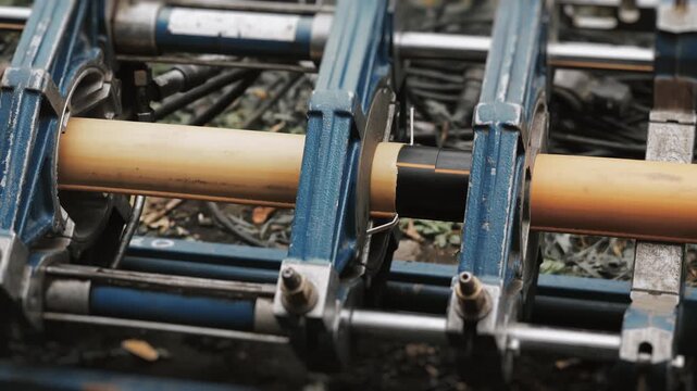 Industrial plastic pipe welding process using fusion equipment.