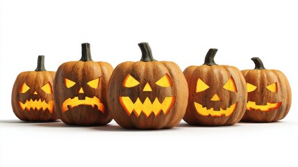 a row of carved halloween pumpkins with glowing eyes and mouths isolated on a white background