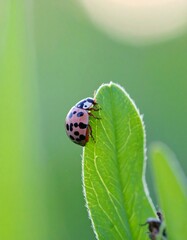 Obraz premium Close-up of ladybug on vibrant green leaf