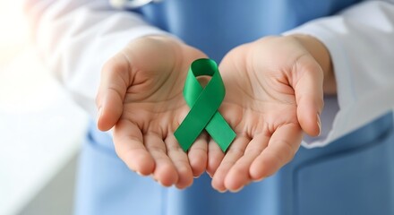 Healthcare professional's hands gently holding a vibrant green awareness ribbon, symbolizing support for health initiatives, disease prevention, and mental well-being
