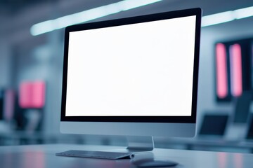 Modern all in one desktop computer with a blank white screen mockup in a contemporary office workspace