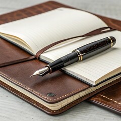 A classic fountain pen rests elegantly on an open leather bound journal inviting creative writing and thoughtful journaling
