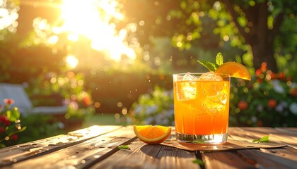 Refreshing cocktail with orange slice and mint in a sunny outdoor setting